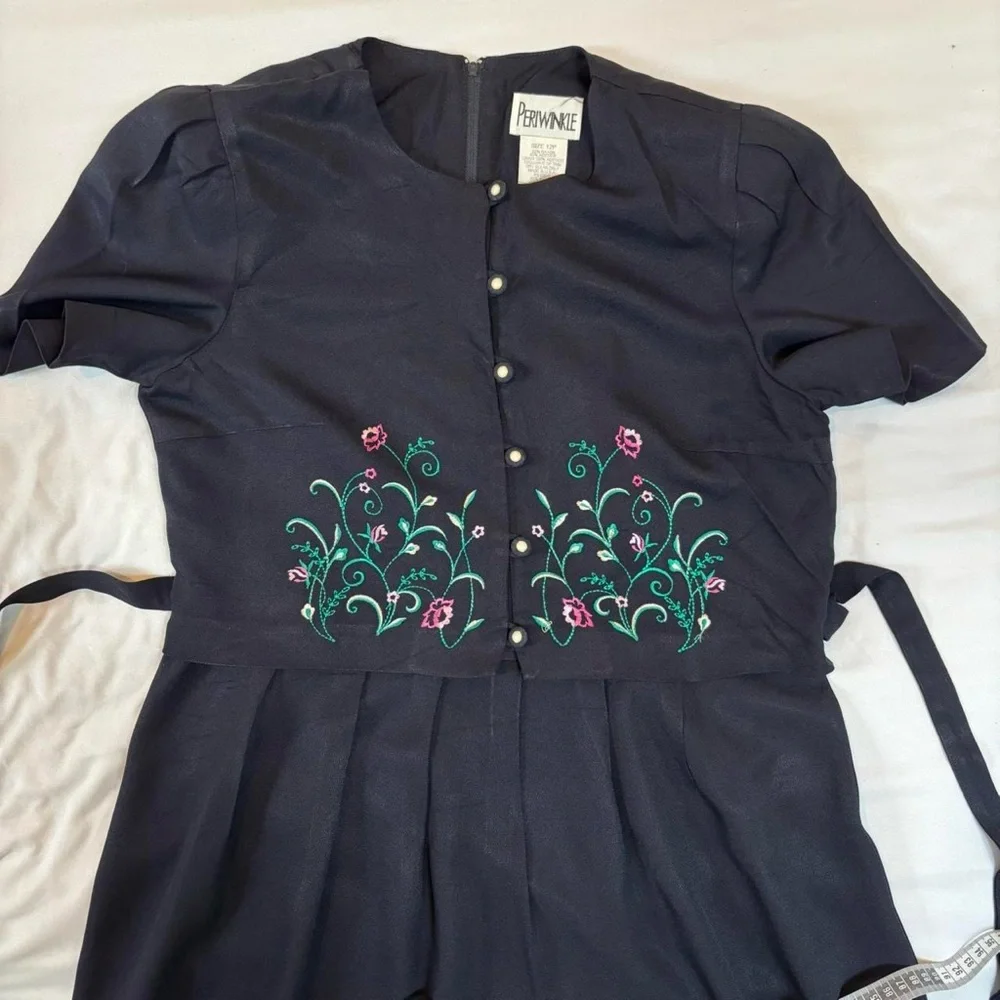 Navy Floral Embroidery Midi Dress w/‎ Button Down Bodice VTG 80s/90s S/M